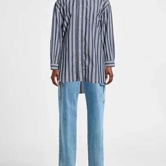 Sandro Navy and White Vertical Stripe Dress Shirt with Contrast Collar - Picture 2 of 9